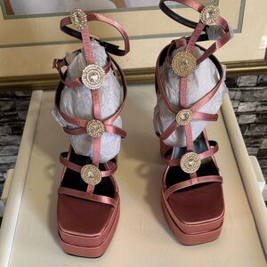 Elegant Pink Strap up Women's Heels with gold decorative hardware platform style